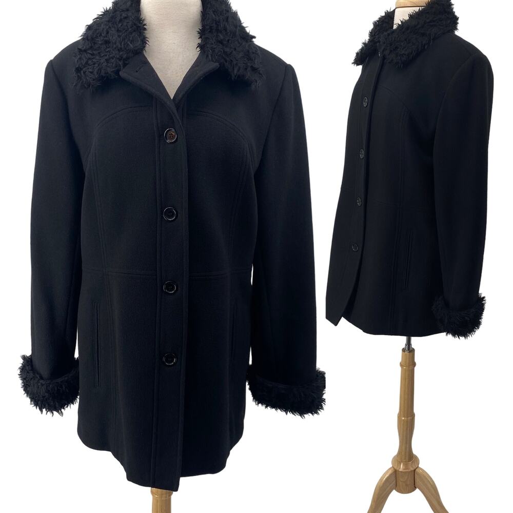 Vintage Y2k Wool Coat Single Breasted Button Down Faux Fur Trim Collar Black XL